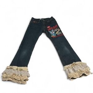 Y2K VTG Angel Blue upcycled flared lace-trimmed with cute kawaii characters